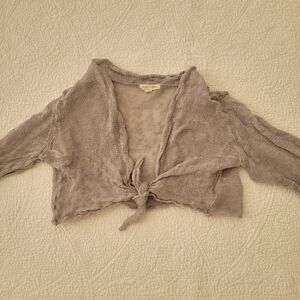 Eileen Fisher Open Knit Linen Blend Cropped Cardigan Shrug Sweater Grey XS
